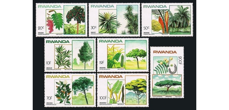 RWANDA 1984 - ARBORI - SERIE DE 8 TIMBRE - NESTAMPILATA - MNH / flora74